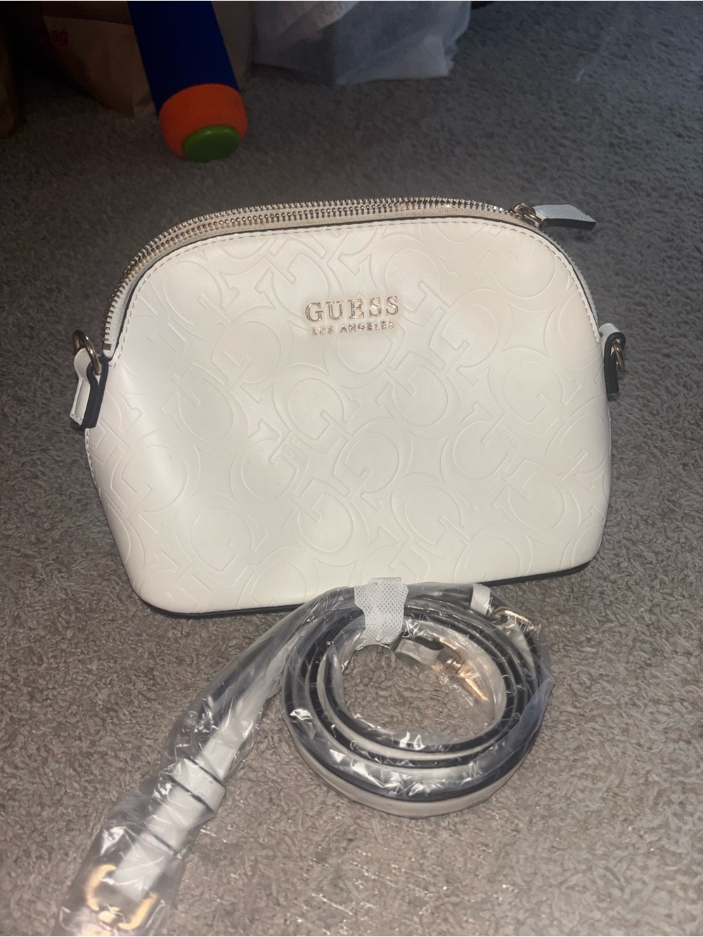 GUESS White Embossed Dome Crossbody with Gold Hardware